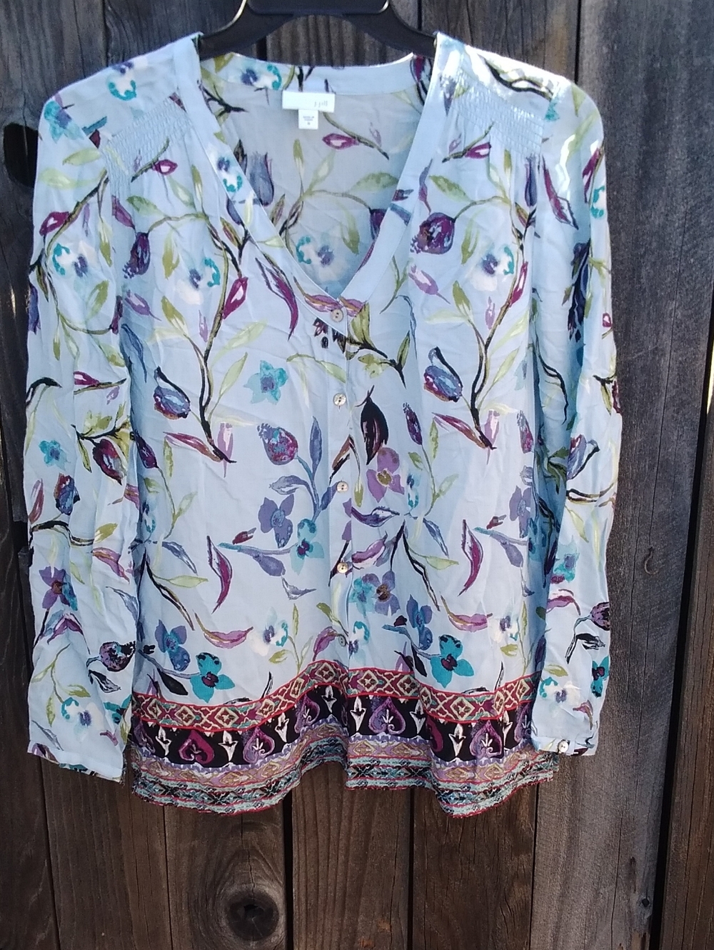 J Jill Blouse Top Shirt Rayon Womens Med Blue Floral V Neck Button Long Sleeve